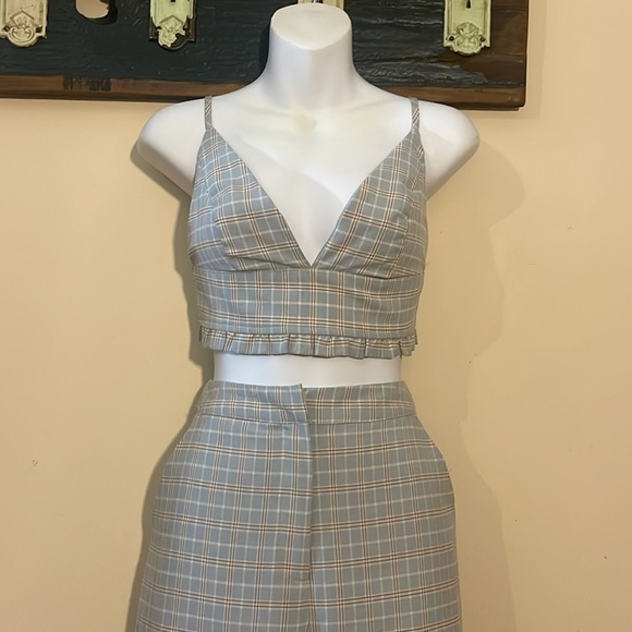 Blue Blush Blue and Brown Plaid Wide Leg Crop Top Outfit Size Small - Picture 4 of 16